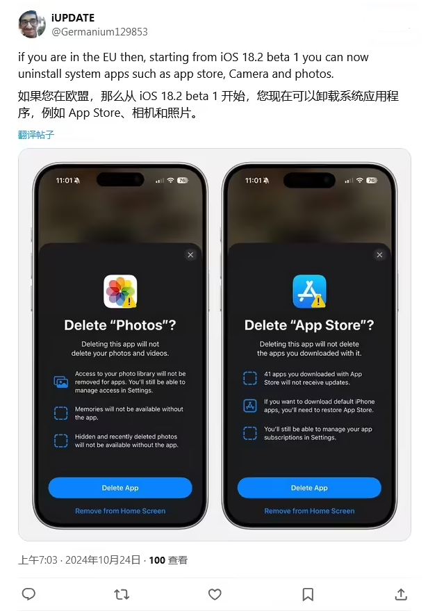 德钦苹果手机维修分享iOS 18.2 支持删除 App Store 应用商店 