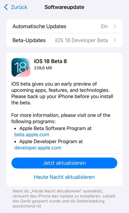 德钦苹果手机维修分享苹果 iOS / iPadOS 18 开发者预览版 Beta 8 发布 